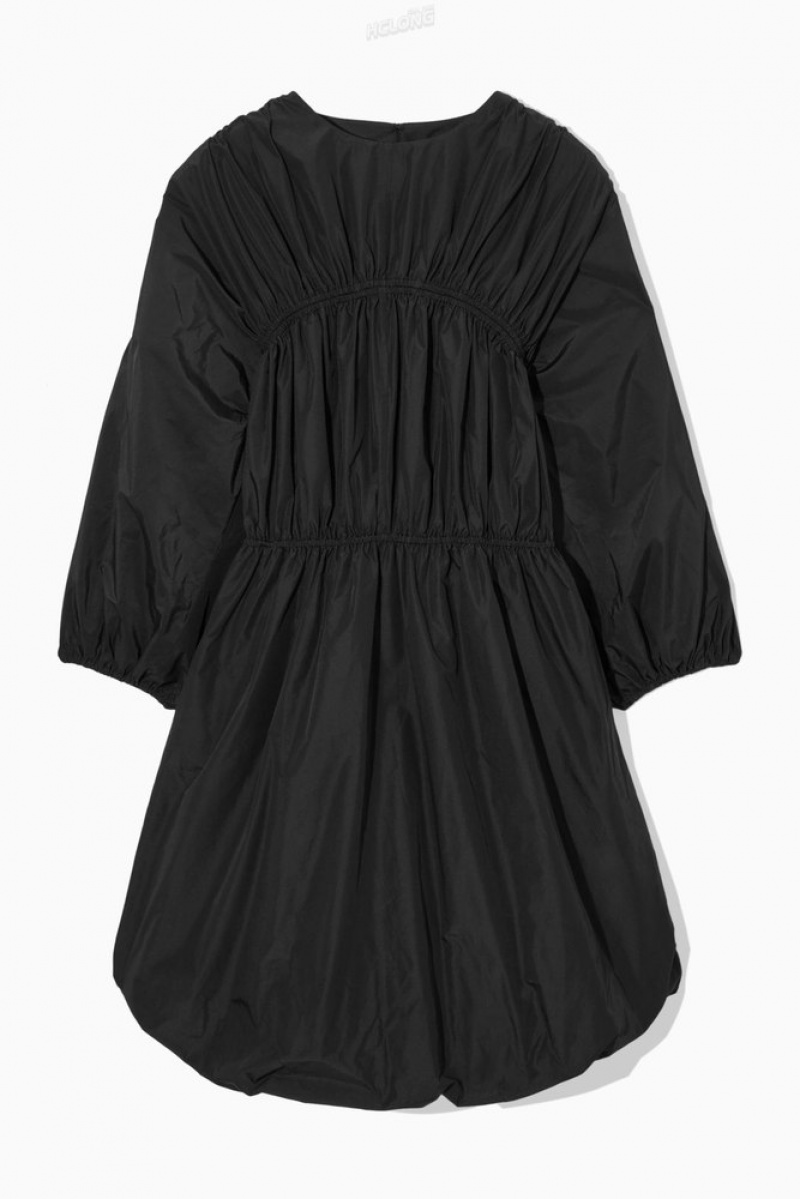 Black COS Open-Back Shirred Balloon Mini Dress Dresses | 534982-BLI