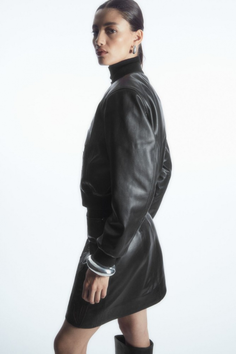 Black COS Oversized AppliquéD Leather Bomber Jacket Coats & Jackets | 810693-NVH