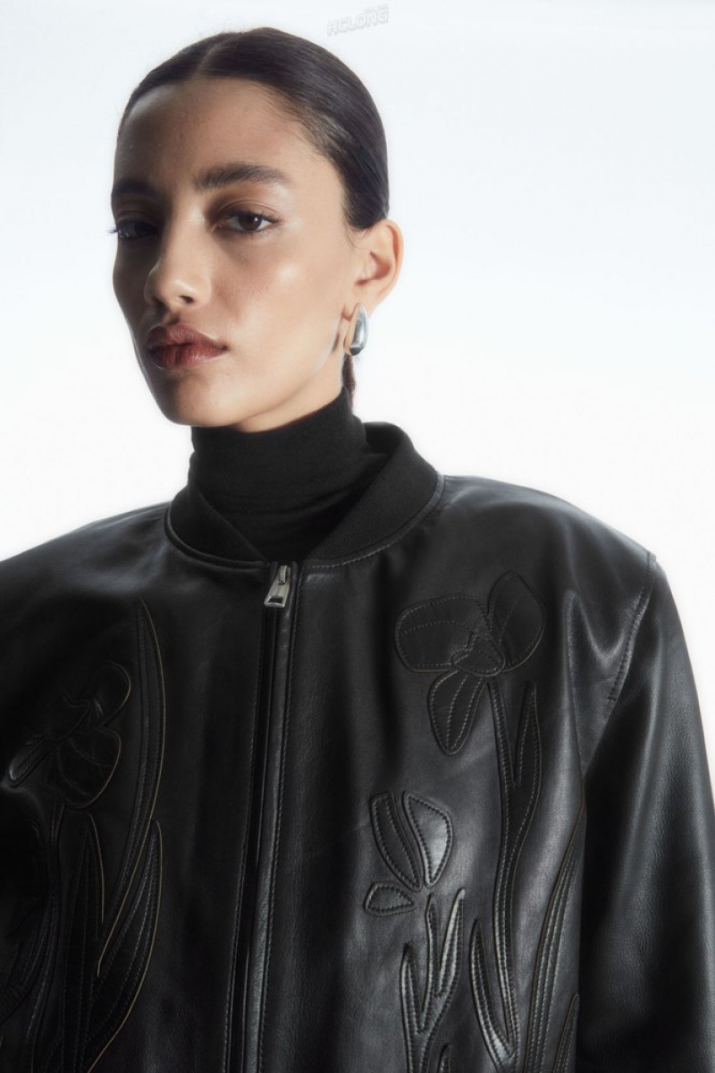 Black COS Oversized AppliquéD Leather Bomber Jacket Coats & Jackets | 810693-NVH