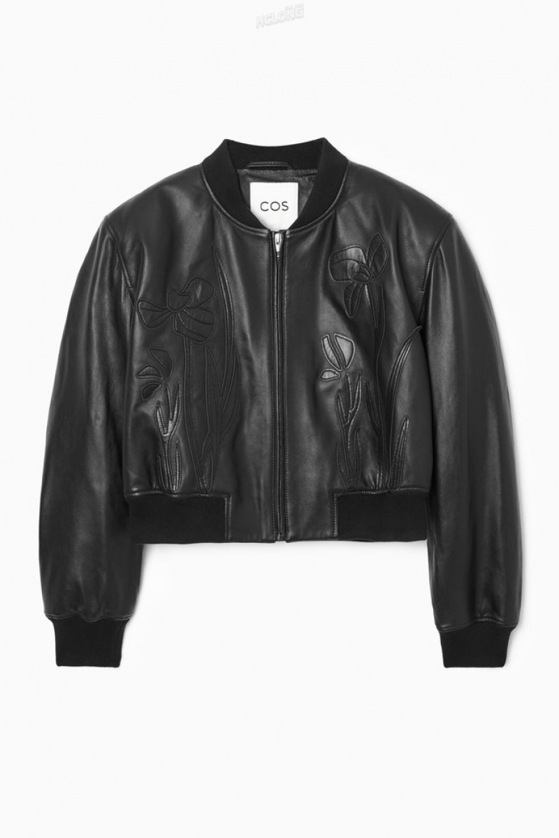 Black COS Oversized AppliquéD Leather Bomber Jacket Coats & Jackets | 810693-NVH