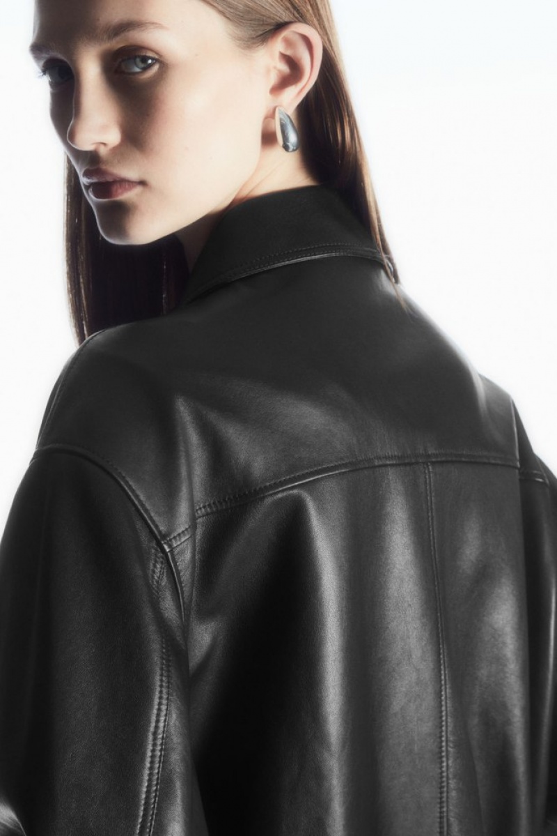 Black COS Oversized Collared Leather Jacket Coats & Jackets | 275938-EWA