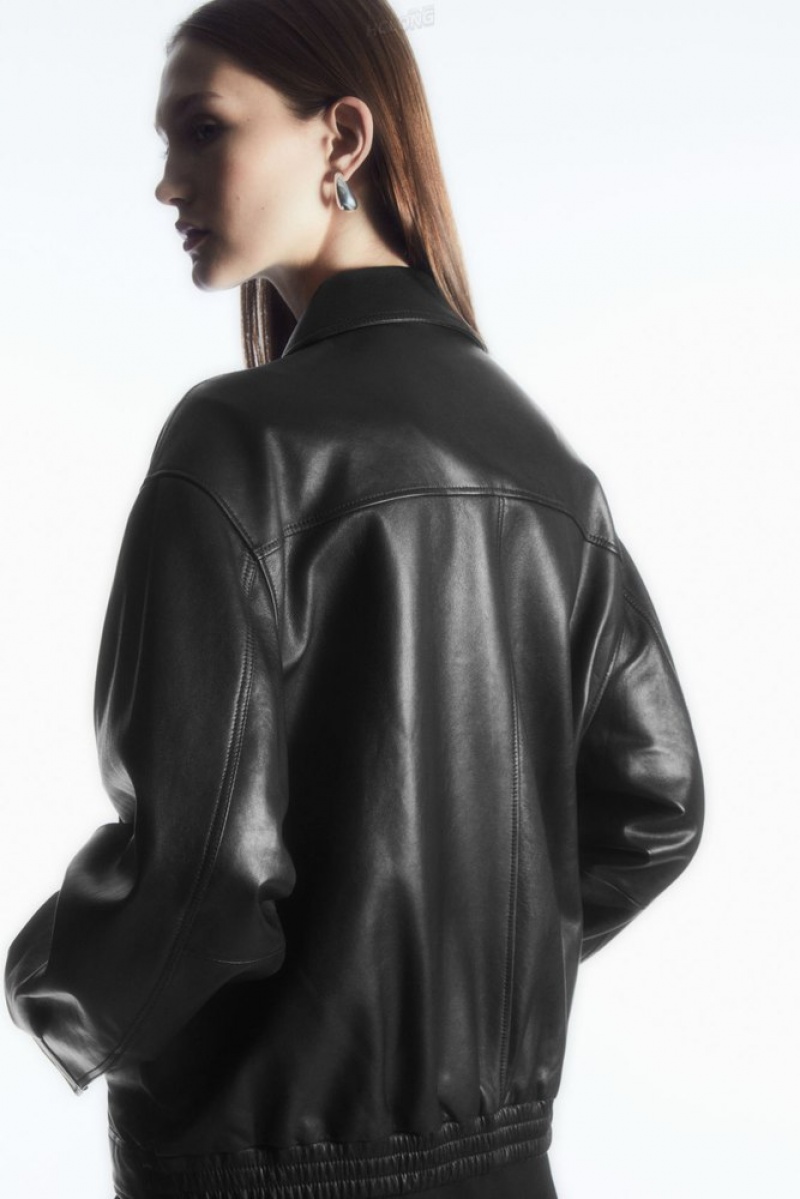 Black COS Oversized Collared Leather Jacket Coats & Jackets | 275938-EWA