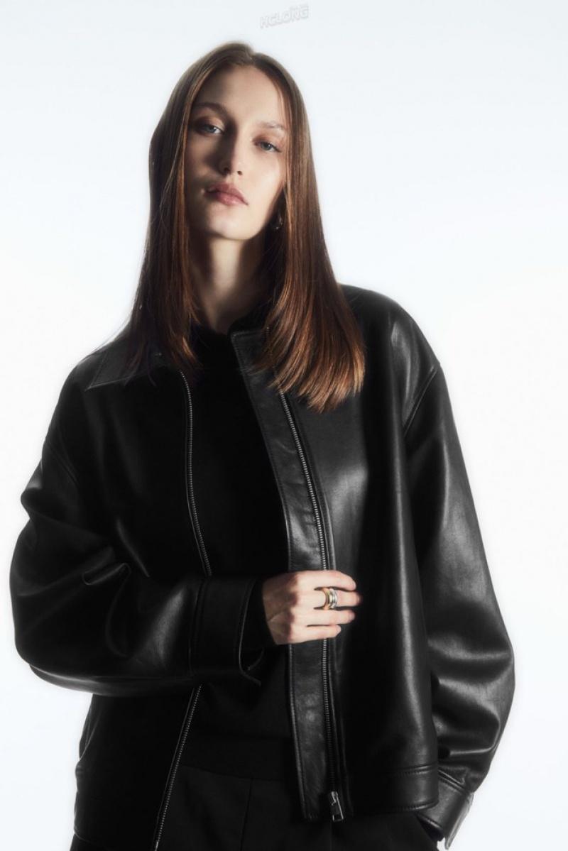 Black COS Oversized Collared Leather Jacket Coats & Jackets | 275938-EWA