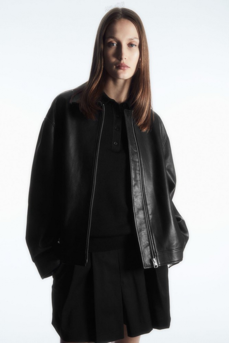 Black COS Oversized Collared Leather Jacket Coats & Jackets | 275938-EWA