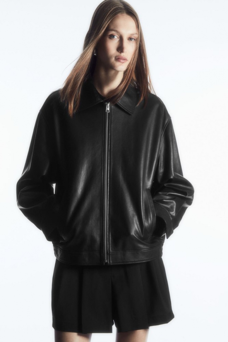 Black COS Oversized Collared Leather Jacket Coats & Jackets | 275938-EWA