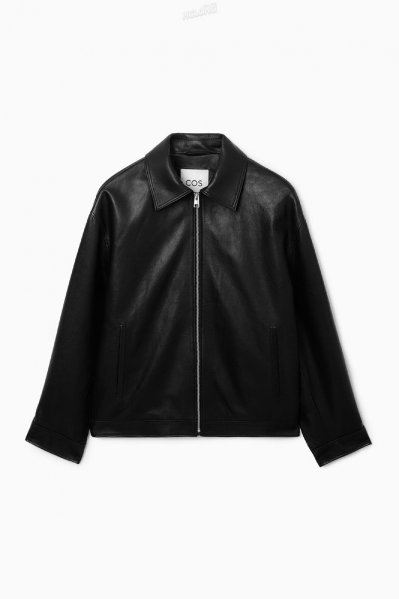 Black COS Oversized Collared Leather Jacket Coats & Jackets | 275938-EWA