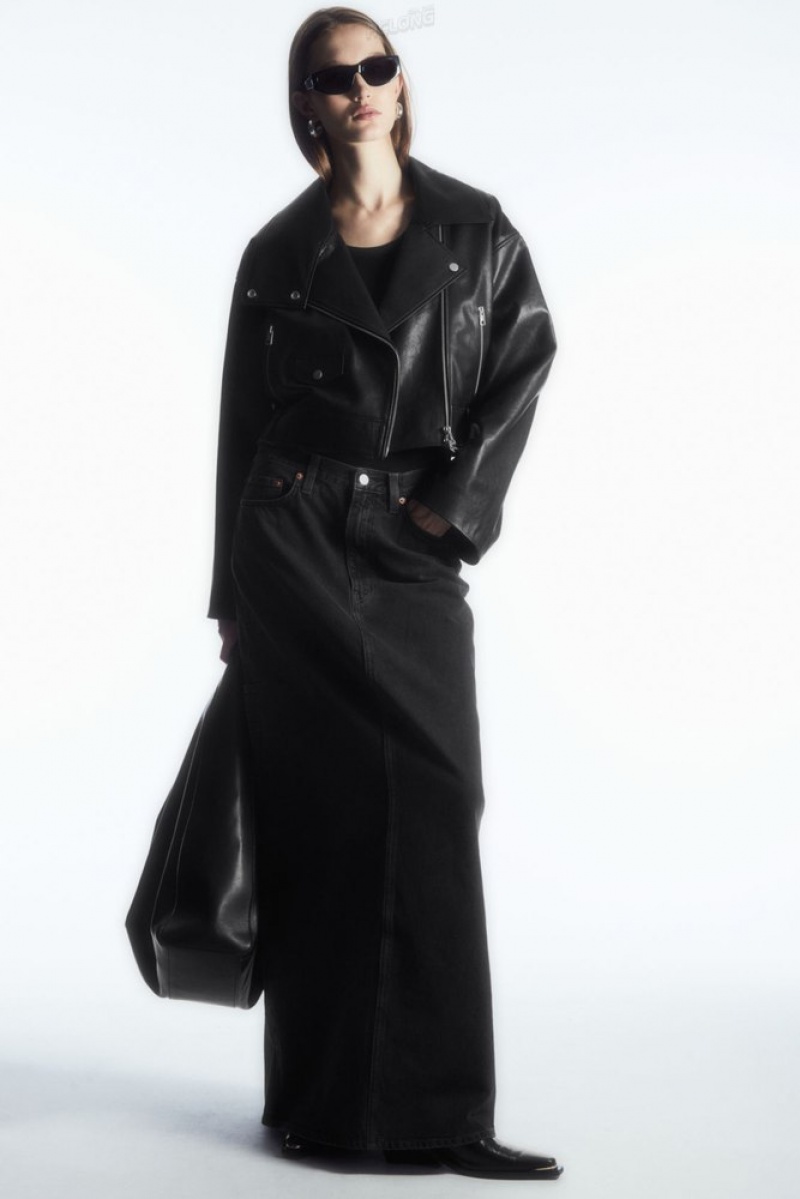 Black COS Oversized Cropped Leather Biker Jacket Coats & Jackets | 329871-VWM