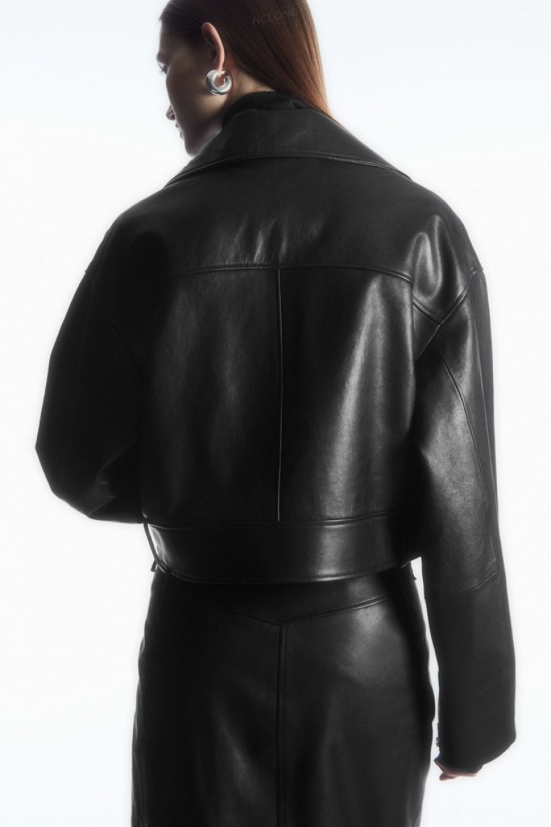 Black COS Oversized Cropped Leather Biker Jacket Coats & Jackets | 329871-VWM