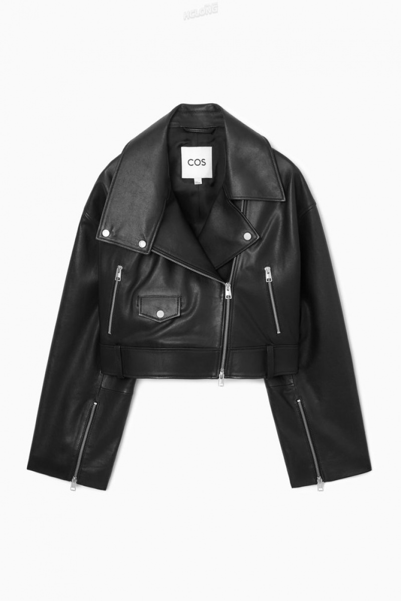 Black COS Oversized Cropped Leather Biker Jacket Coats & Jackets | 329871-VWM