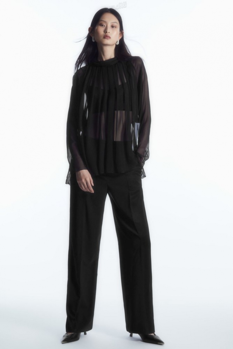 Black COS Oversized Pleated Sheer Silk Blouse Tops | 769402-GOS