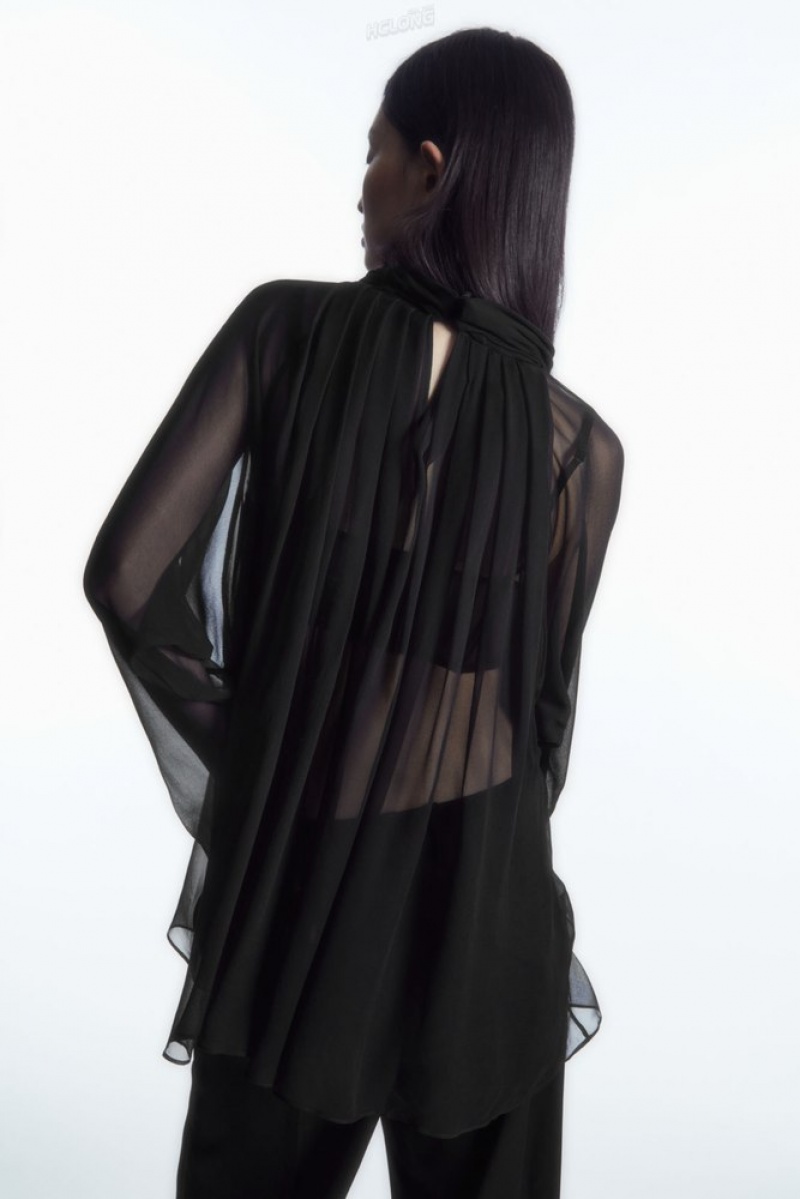 Black COS Oversized Pleated Sheer Silk Blouse Tops | 769402-GOS