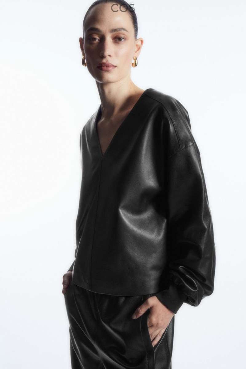 Black COS Oversized V-Neck Leather Top Tops | 528764-HBZ