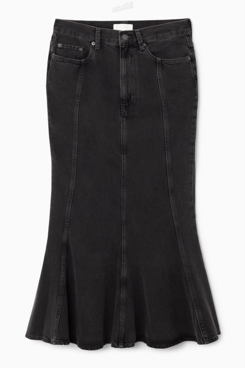 Black COS Paneled Flared Denim Skirt Skirts | 863142-DBK