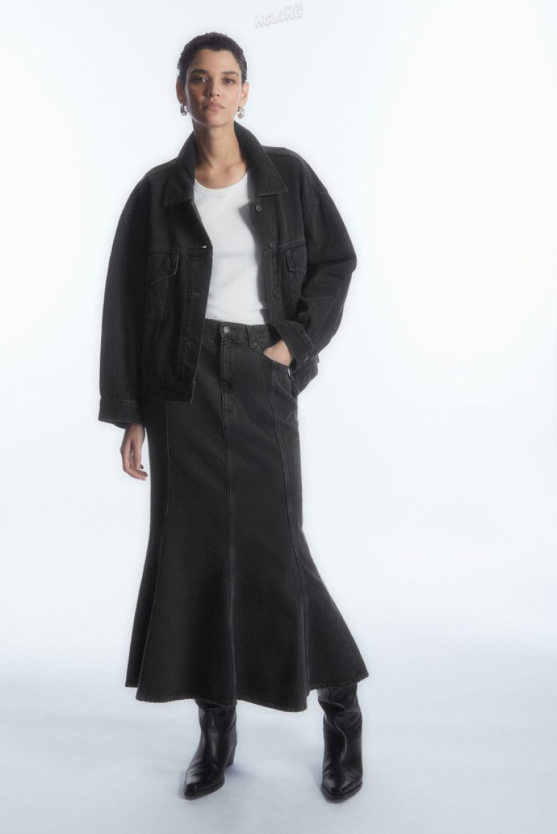 Black COS Paneled Flared Denim Skirt Skirts | 863142-DBK