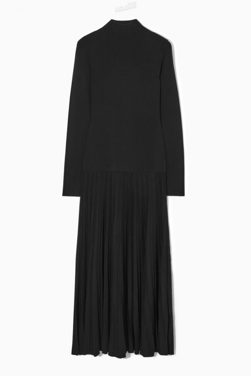 Black COS Pleated Knitted Turtleneck Maxi Dress Dresses | 964835-FMY