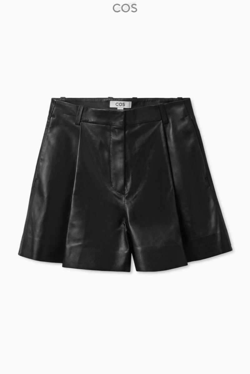 Black COS Pleated Leather Shorts Shorts | 230145-GRQ