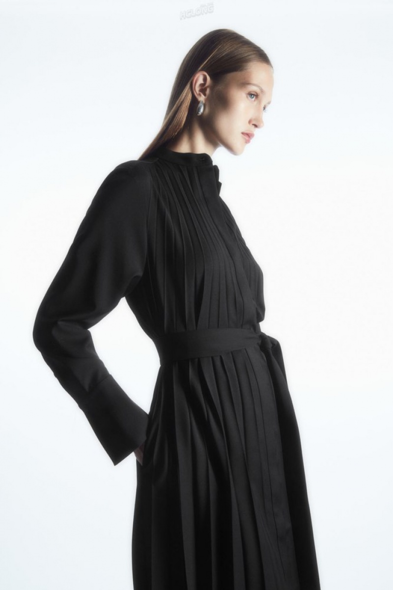 Black COS Pleated Wool-Blend Shirt Dress Dresses | 167928-VXA