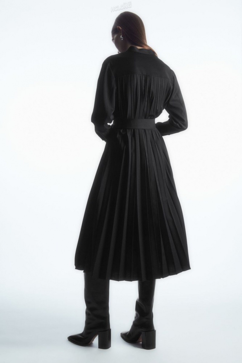 Black COS Pleated Wool-Blend Shirt Dress Dresses | 167928-VXA