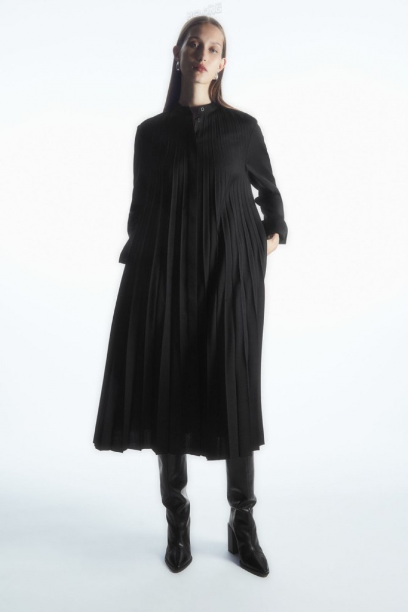 Black COS Pleated Wool-Blend Shirt Dress Dresses | 167928-VXA