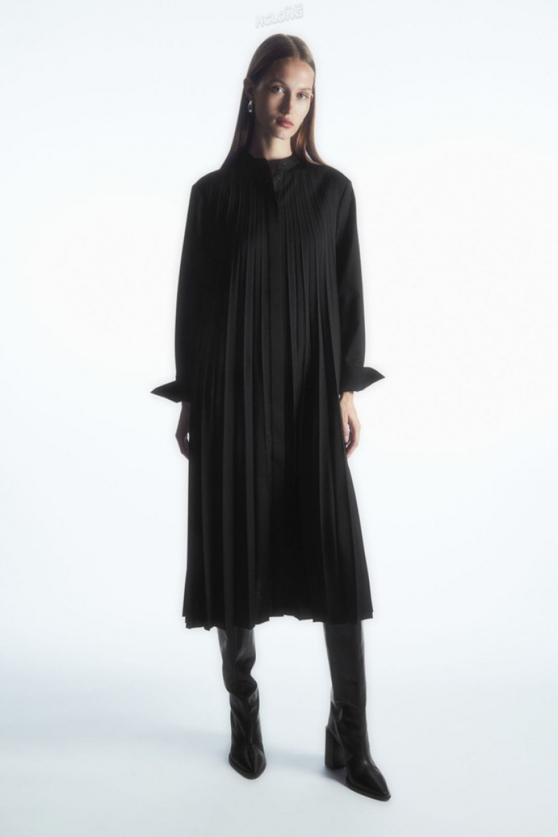 Black COS Pleated Wool-Blend Shirt Dress Dresses | 167928-VXA