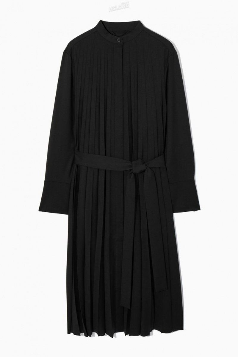 Black COS Pleated Wool-Blend Shirt Dress Dresses | 167928-VXA