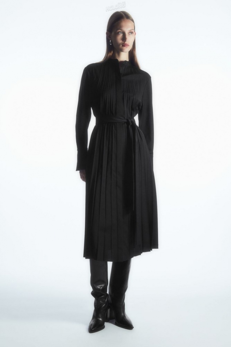 Black COS Pleated Wool-Blend Shirt Dress Dresses | 167928-VXA