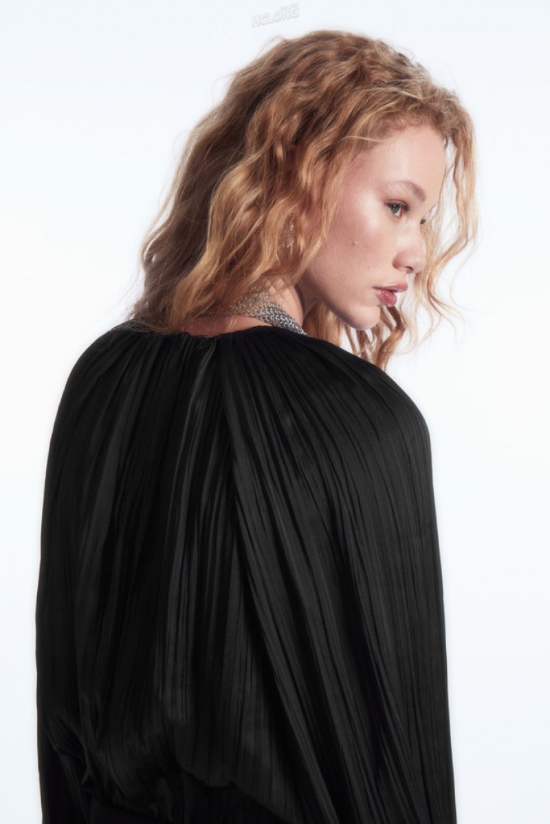 Black COS Plissé Long-Sleeved Blouse Tops | 478920-YNT