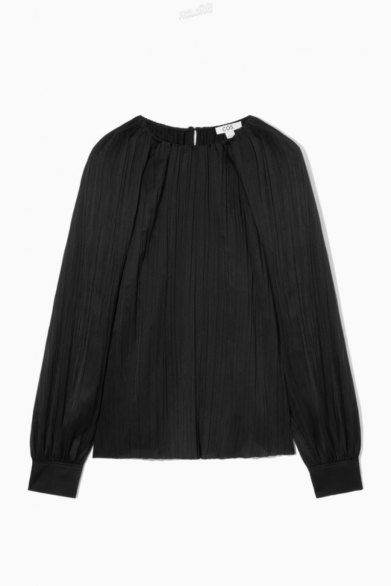 Black COS Plissé Long-Sleeved Blouse Tops | 478920-YNT