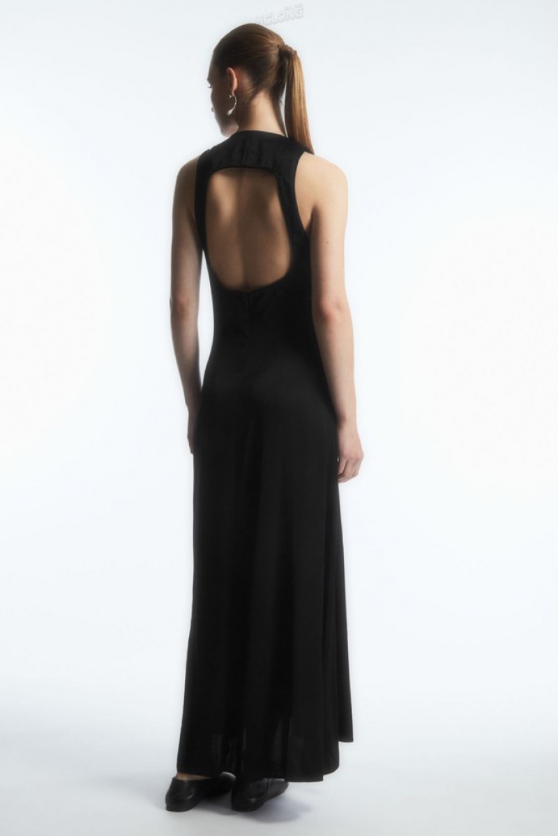 Black COS Plunge Open-Back Maxi Dress Dresses | 296785-QAM