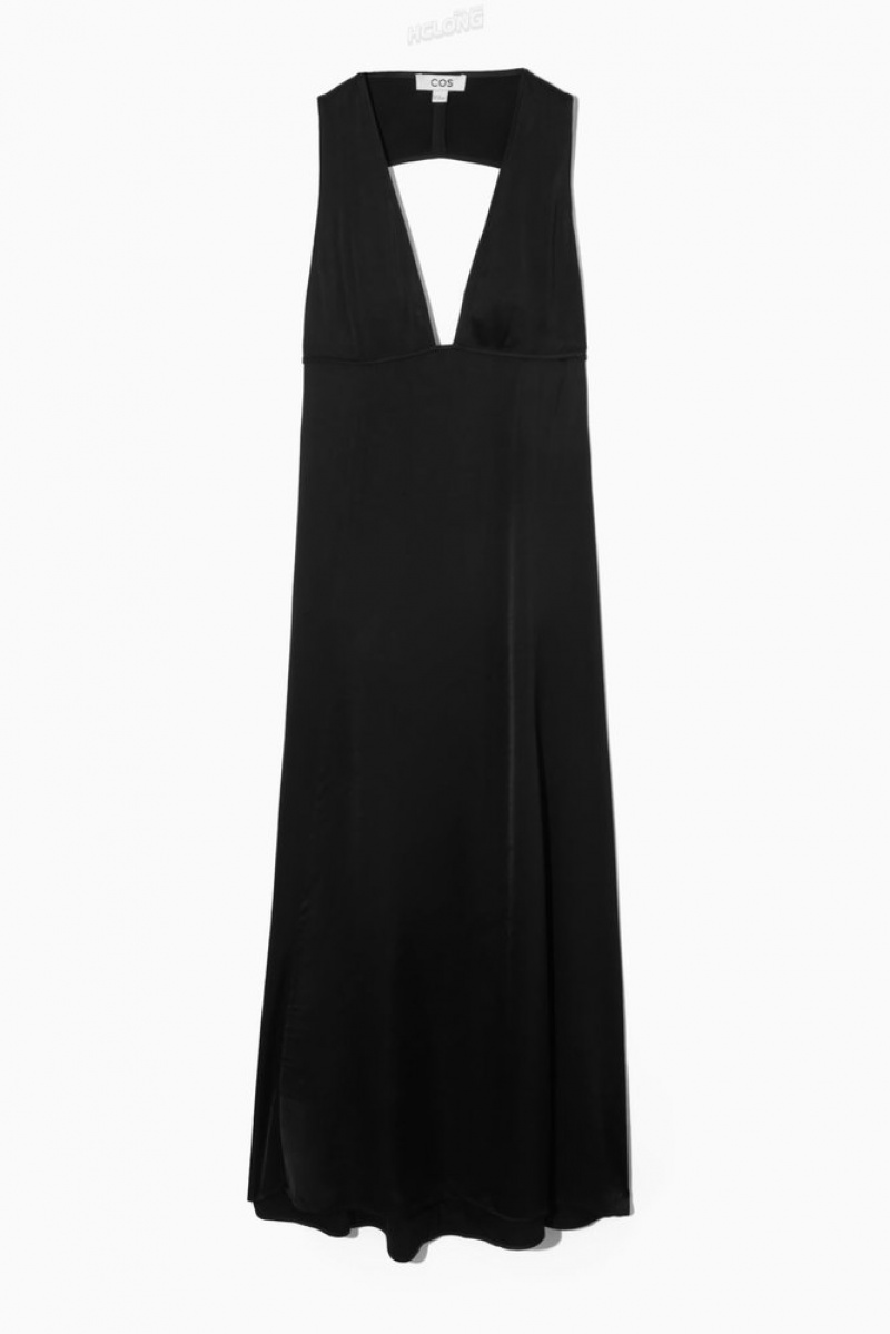 Black COS Plunge Open-Back Maxi Dress Dresses | 296785-QAM