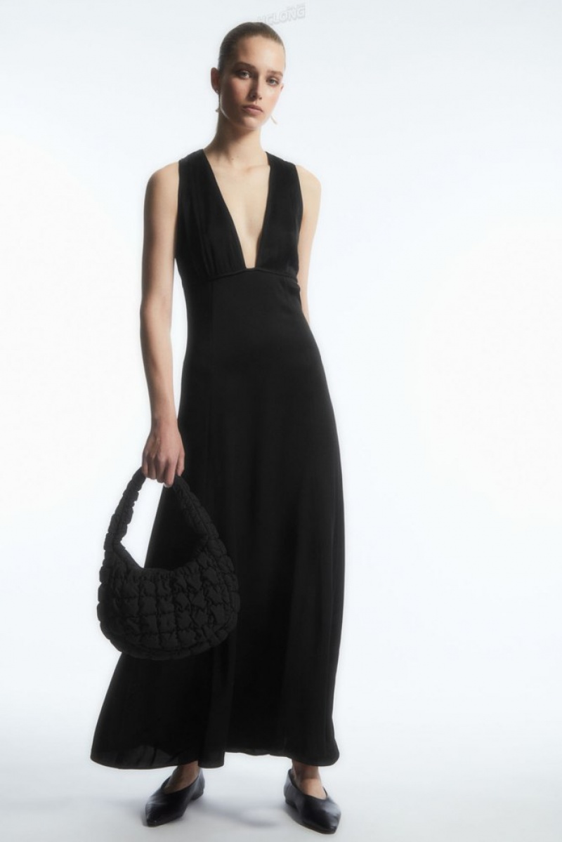 Black COS Plunge Open-Back Maxi Dress Dresses | 296785-QAM