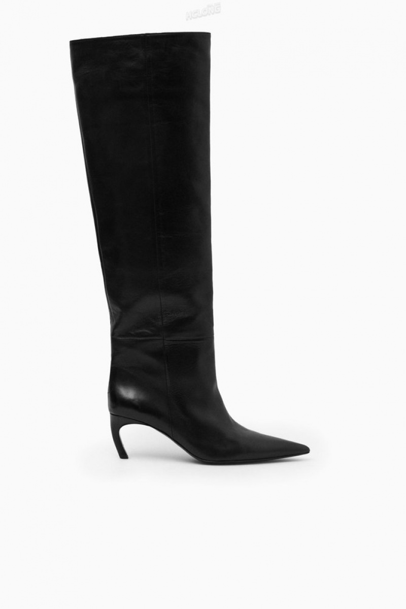 Black COS Pointed-Toe Leather Knee-High Boots Boots | 160249-IRA