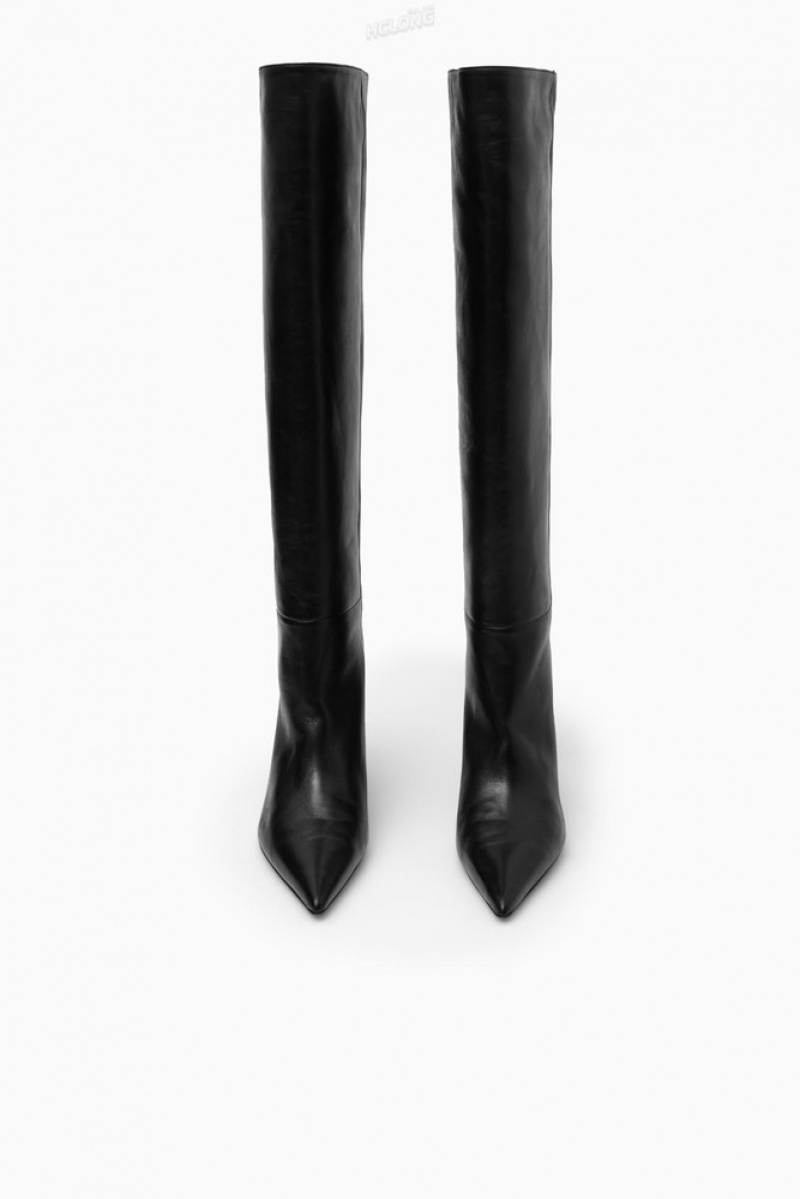 Black COS Pointed-Toe Leather Knee-High Boots Boots | 160249-IRA