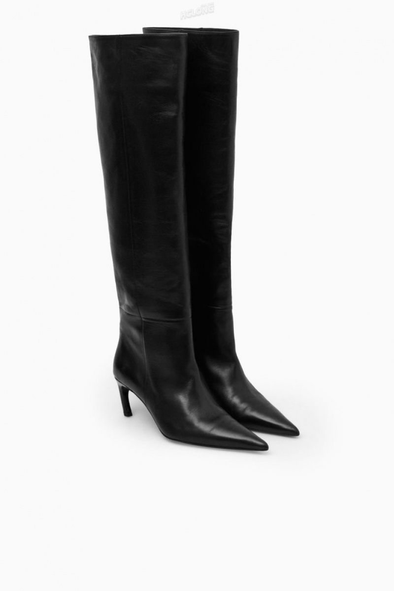 Black COS Pointed-Toe Leather Knee-High Boots Boots | 160249-IRA