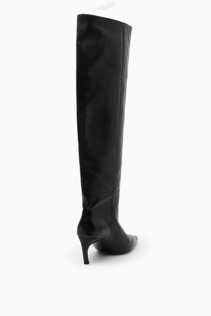 Black COS Pointed-Toe Leather Knee-High Boots Boots | 160249-IRA