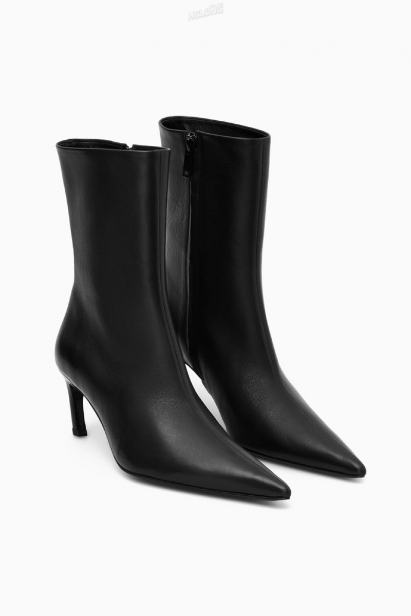 Black COS Pointed Kitten-Heel Leather Boots Boots | 073841-GKO