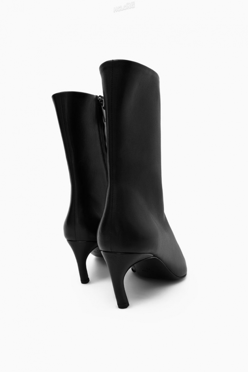 Black COS Pointed Kitten-Heel Leather Boots Boots | 073841-GKO