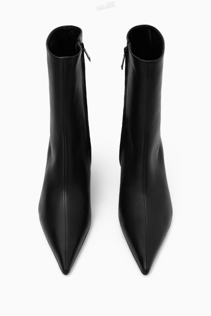 Black COS Pointed Kitten-Heel Leather Boots Boots | 073841-GKO