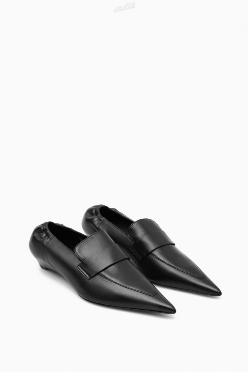 Black COS Pointed Leather Kitten-Heel Loafers Loafers | 621487-VLJ