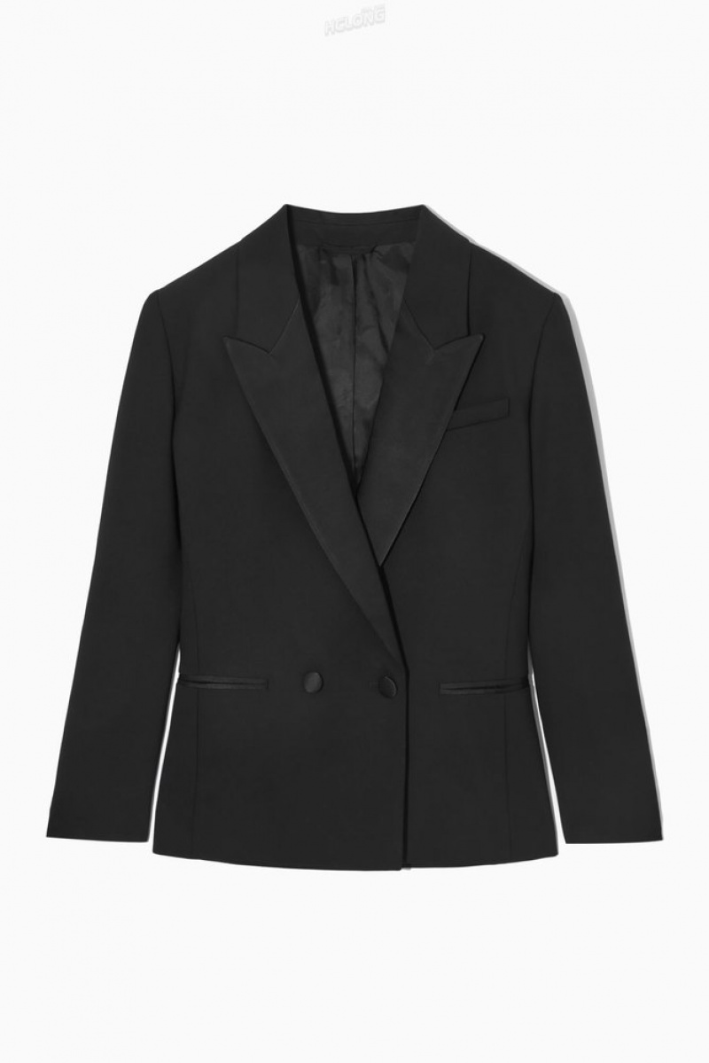 Black COS Power-Shoulder Wool Tuxedo Blazer Blazers & Tailoring | 907243-THM