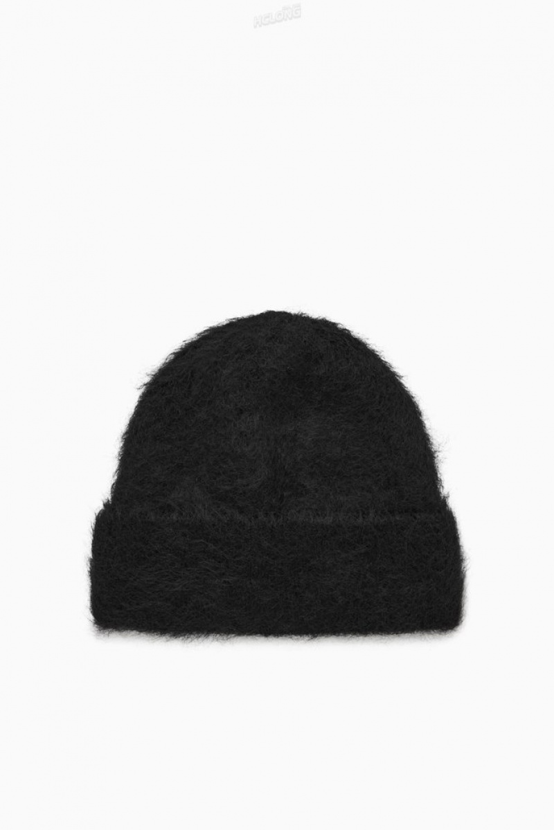 Black COS Ribbed Mohair Beanie Hats | 865429-HNP