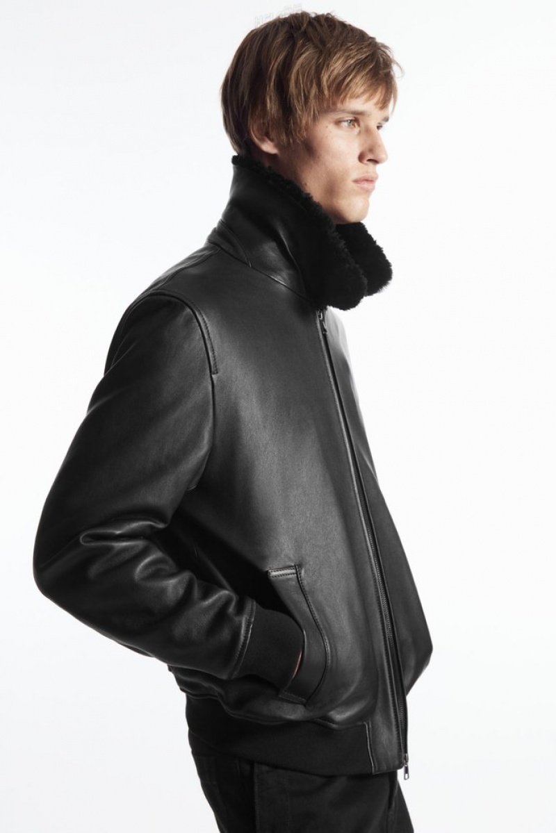 Black COS Shearling-Trimmed Leather Bomber Jacket Coats & Jackets | 910643-ILH