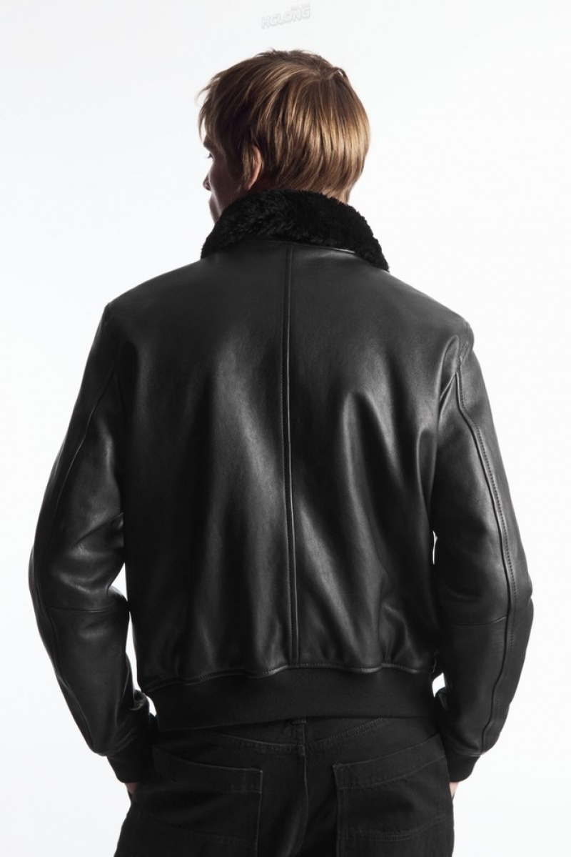 Black COS Shearling-Trimmed Leather Bomber Jacket Coats & Jackets | 910643-ILH