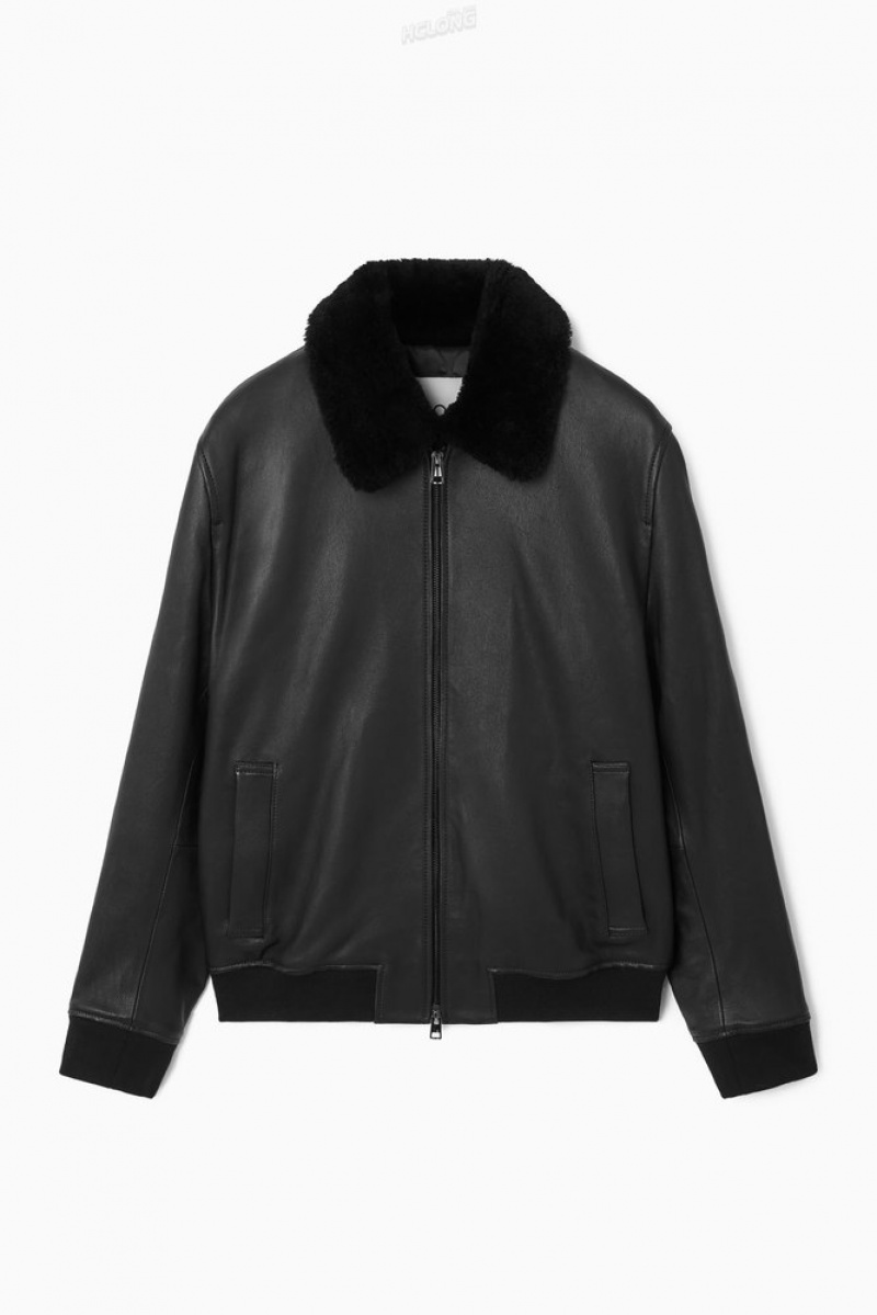 Black COS Shearling-Trimmed Leather Bomber Jacket Coats & Jackets | 910643-ILH