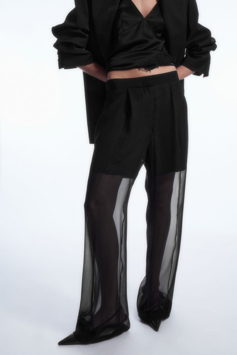 Black COS Sheer Silk Trousers Trousers | 857421-OQY