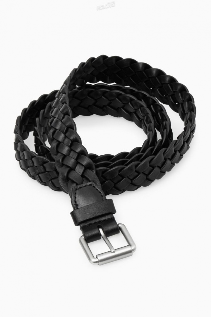 Black COS Slim Woven Leather Belt Belts | 138407-LMG