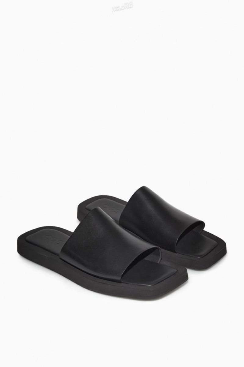 Black COS Square-Toe Leather Slides Slides | 654971-WFJ