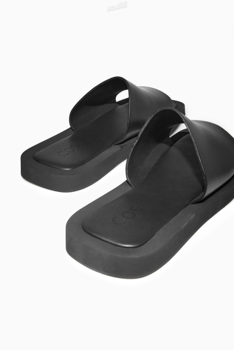 Black COS Square-Toe Leather Slides Slides | 654971-WFJ