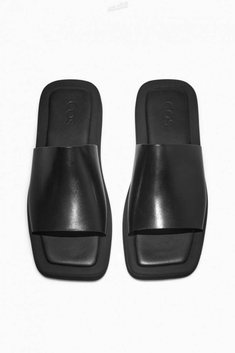 Black COS Square-Toe Leather Slides Slides | 654971-WFJ