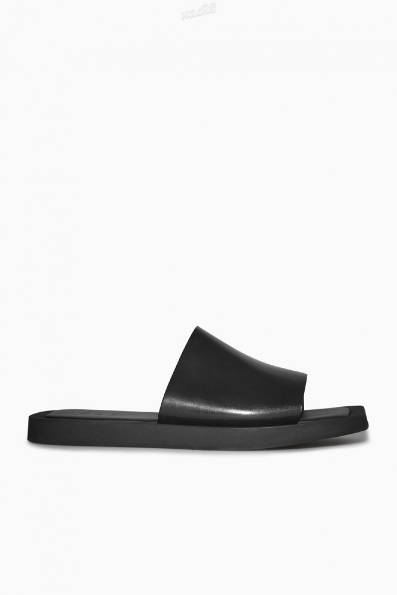 Black COS Square-Toe Leather Slides Slides | 654971-WFJ